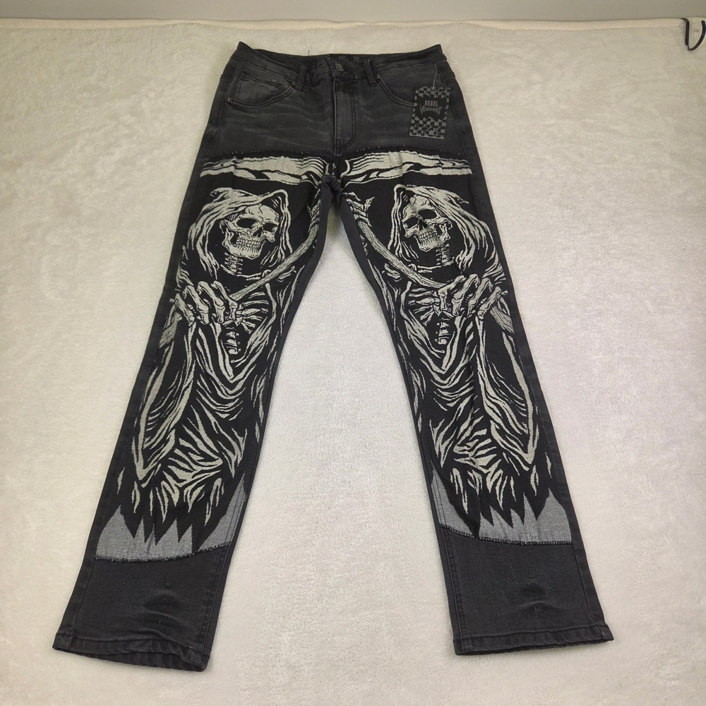 Rebel Vengeance Grim Reaper Tapestry Patch Jeans Black Wash Mens 32 Gothic Edgy